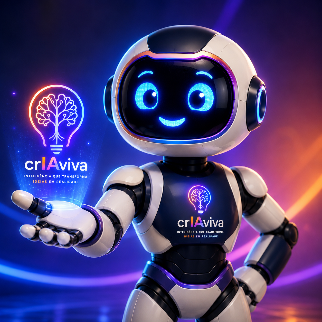 Robo mascote da crIAviva segurando a marca do clube