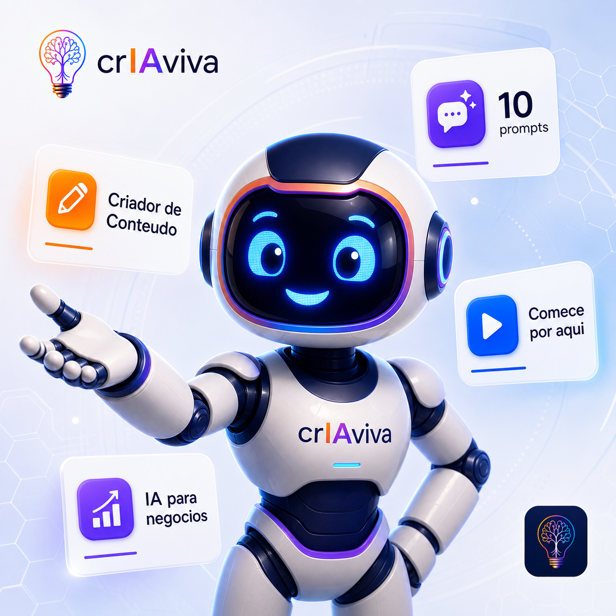 Robo mascote da crIAviva dando boas-vindas ao kit gratuito